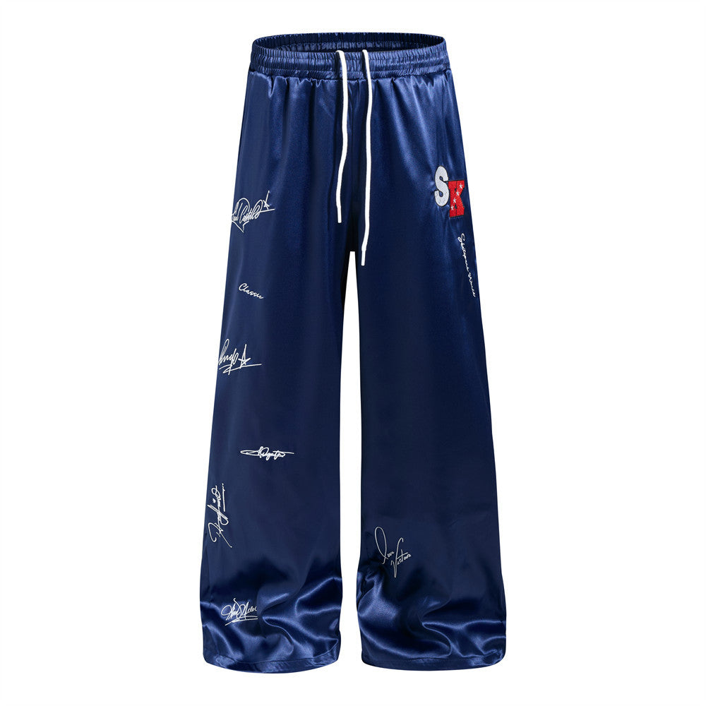 Wide Leg Satin Pants – Signature Print, Elastic Drawstring Waist