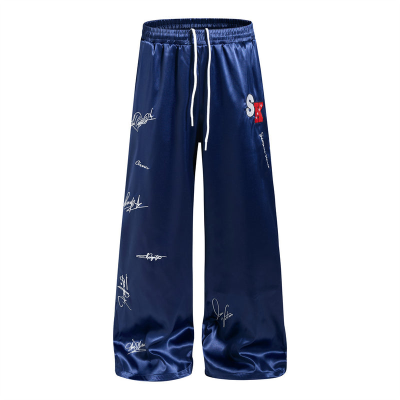 Wide Leg Satin Pants – Signature Print, Elastic Drawstring Waist