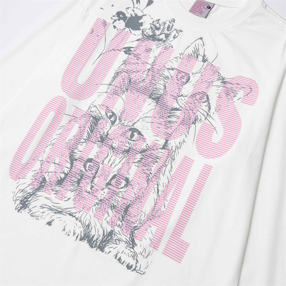 Long Sleeve Cat Graphic Tee – Men's Oversized Streetwear Crew Neck Shirt