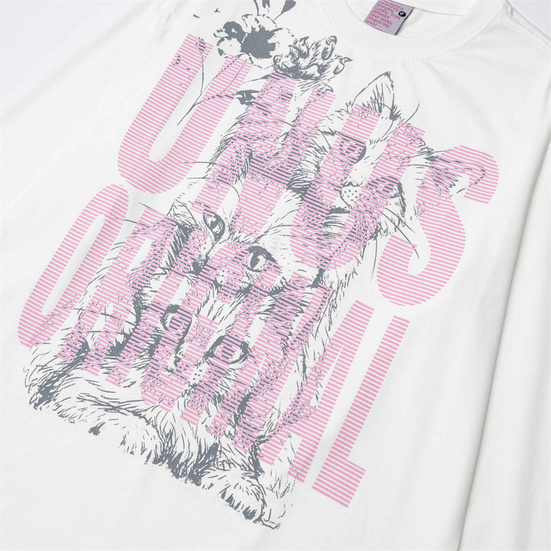 Long Sleeve Cat Graphic Tee – Men's Oversized Streetwear Crew Neck Shirt