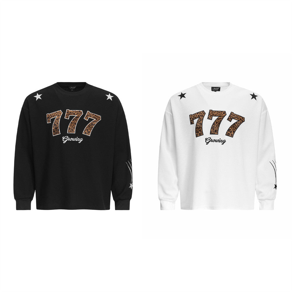 Long Sleeve Men T-Shirt 777 Leopard Print Waffle Knit Crewneck