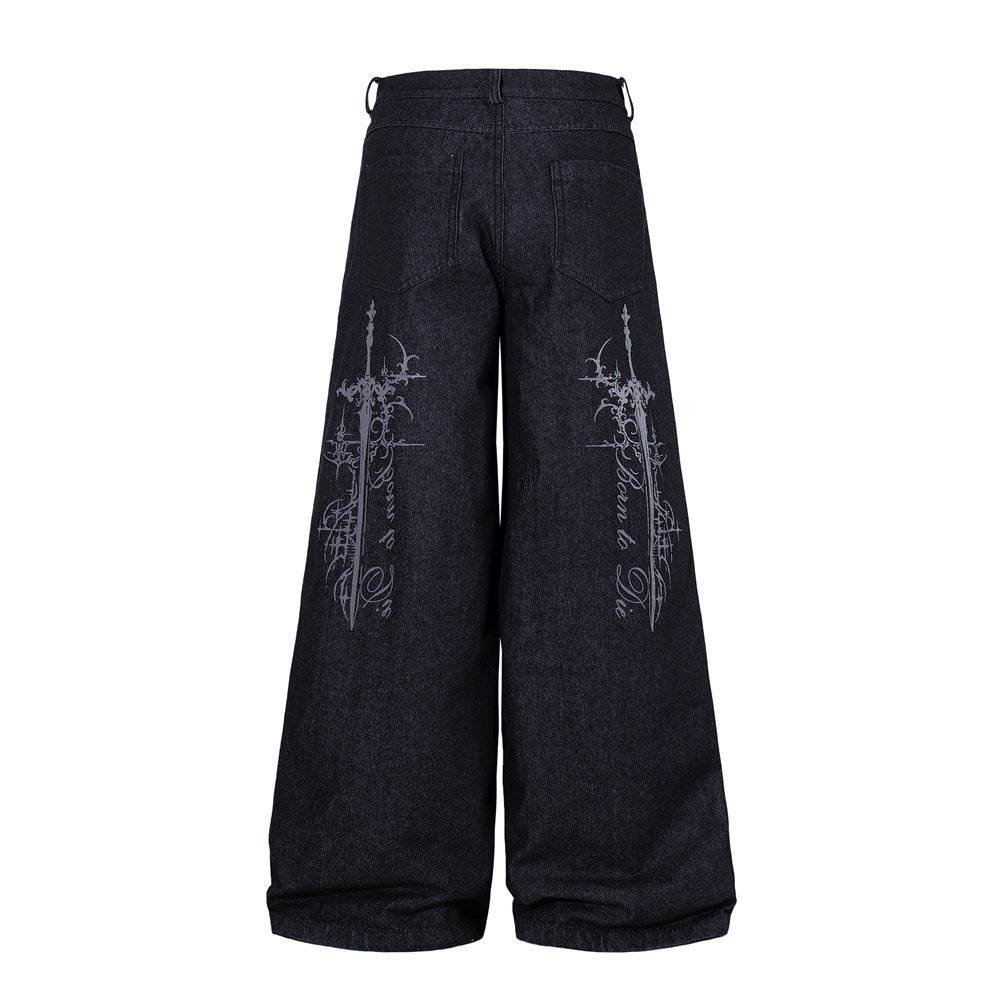 Wide-Leg Jeans – Gothic Cross & Sword Print Black Denim, Baggy High-Street Fit