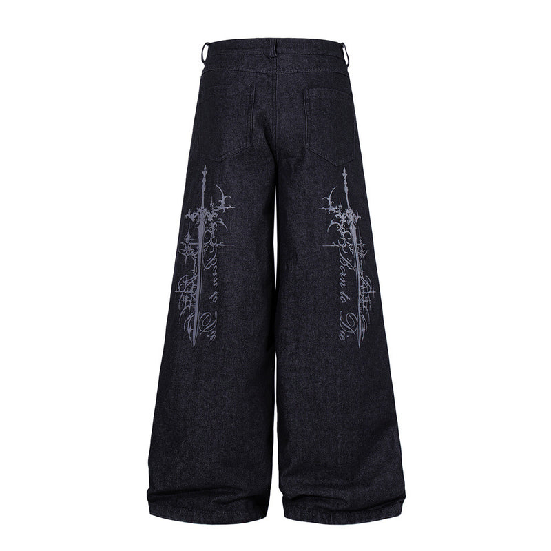 Wide-Leg Jeans – Gothic Cross & Sword Print Black Denim, Baggy High-Street Fit