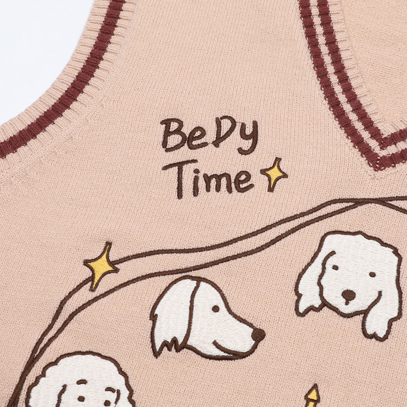 V-Neck Sweater Vests – Cute Dog Clock Jacquard Knit Preppy Style