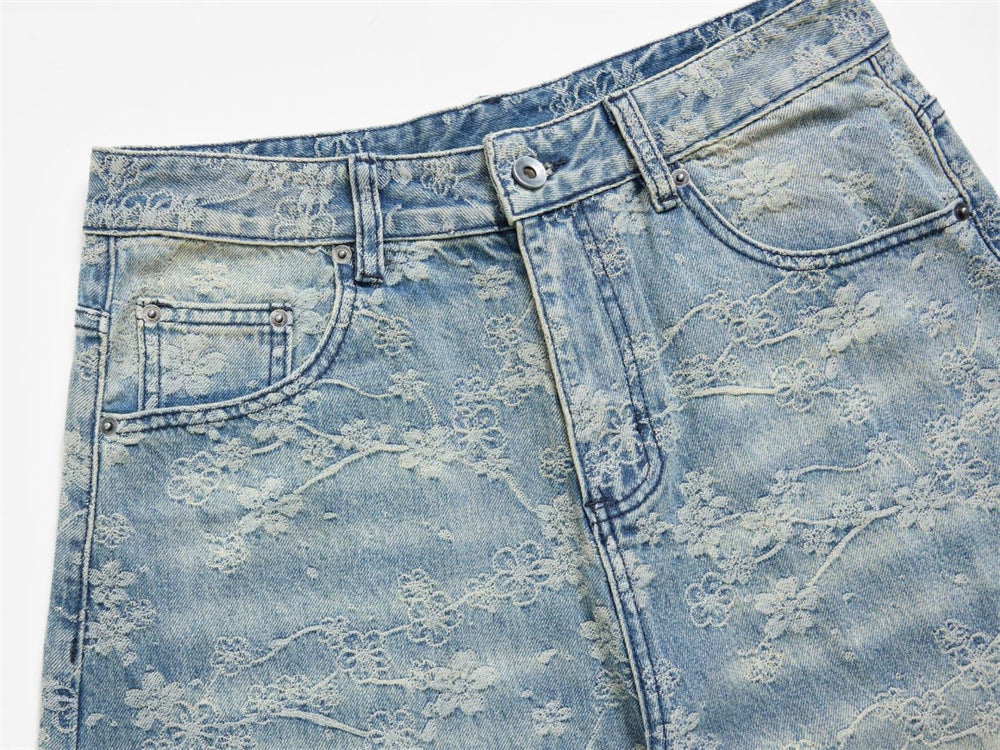 Loose Fit Wide-Leg Jeans – Floral Lace Embroidery, Washed Light Blue Denim