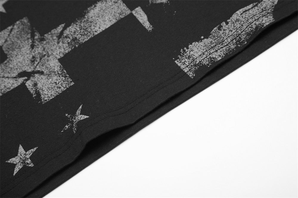 Men's Long Sleeve Graphic Tee – Black Stripe & Star Print Crew Neck