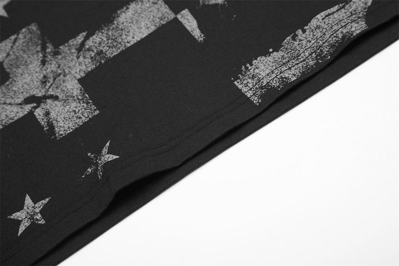 Men's Long Sleeve Graphic Tee – Black Stripe & Star Print Crew Neck