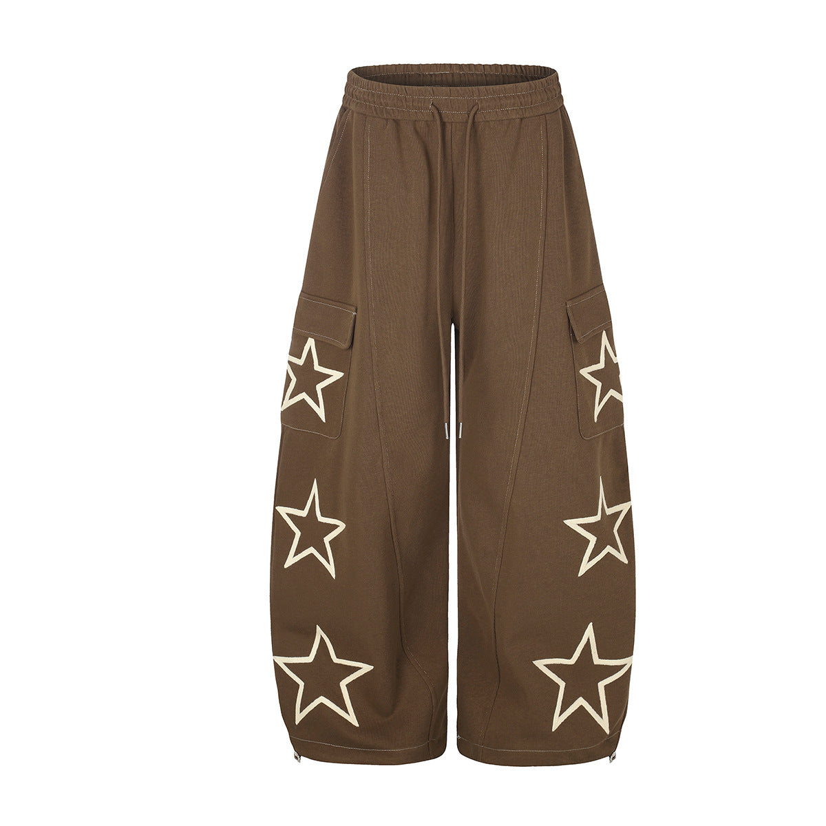 Pantalon de survêtement cargo baggy à jambes larges marron, avec appliqués étoiles oversize, poches cargo à rabat et zips aux chevilles