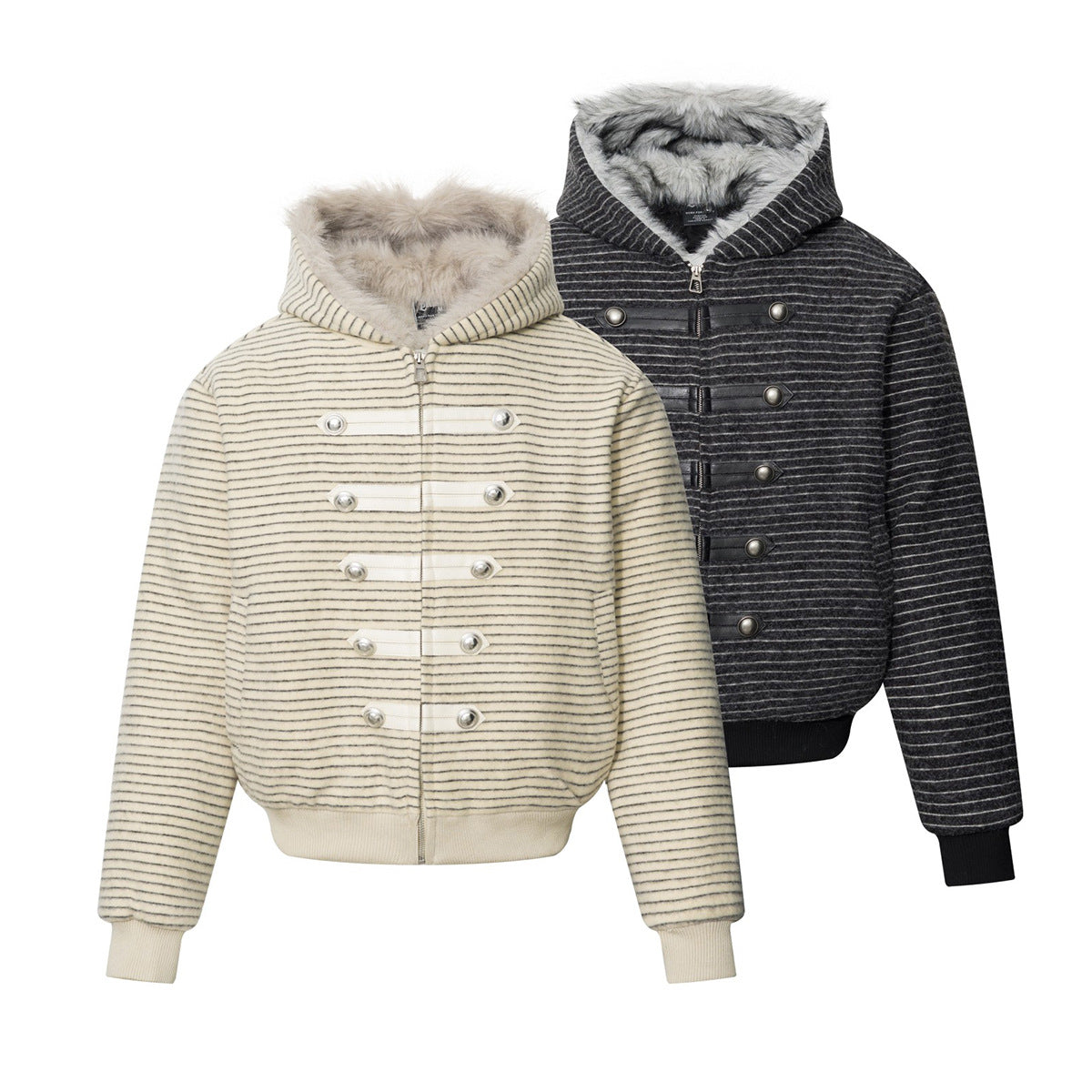 Striped Faux-Fur Hooded Zip-Up Bomber Jacket with Military Button Placket