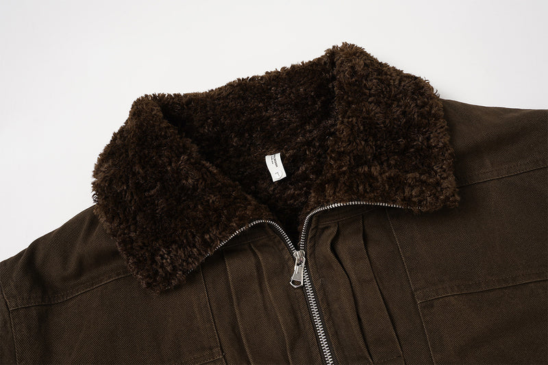 Retro Washed Cotton Bomber Jacket with Sherpa Collar
