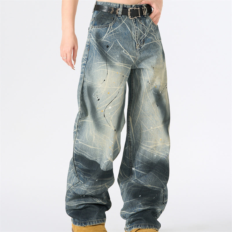 Wide-Leg Jeans with Paint Splatter & Distressed Scratch Print — Grunge Baggy Fit