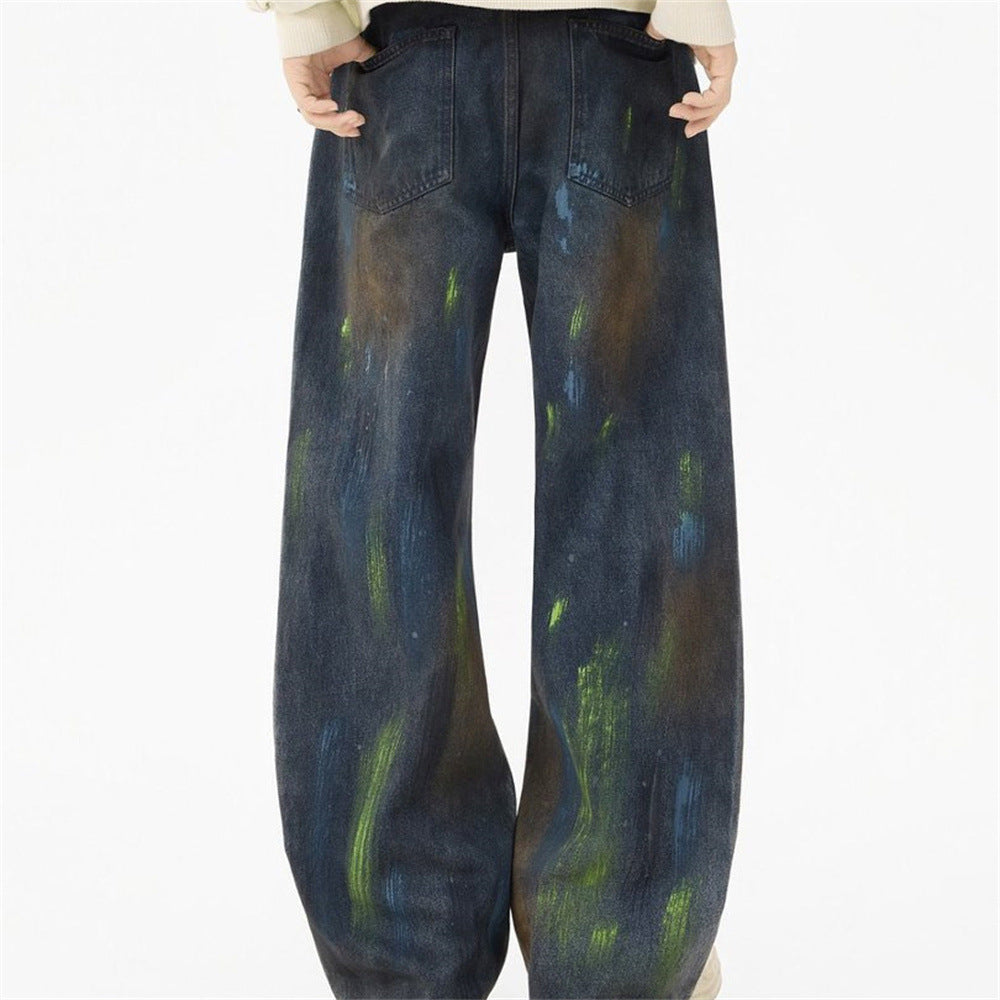 Baggy Paint Splatter Jeans Men – Wide Leg Grunge Denim Straight Pants