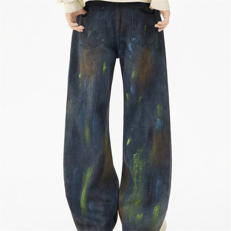 Baggy Paint Splatter Jeans Men – Wide Leg Grunge Denim Straight Pants