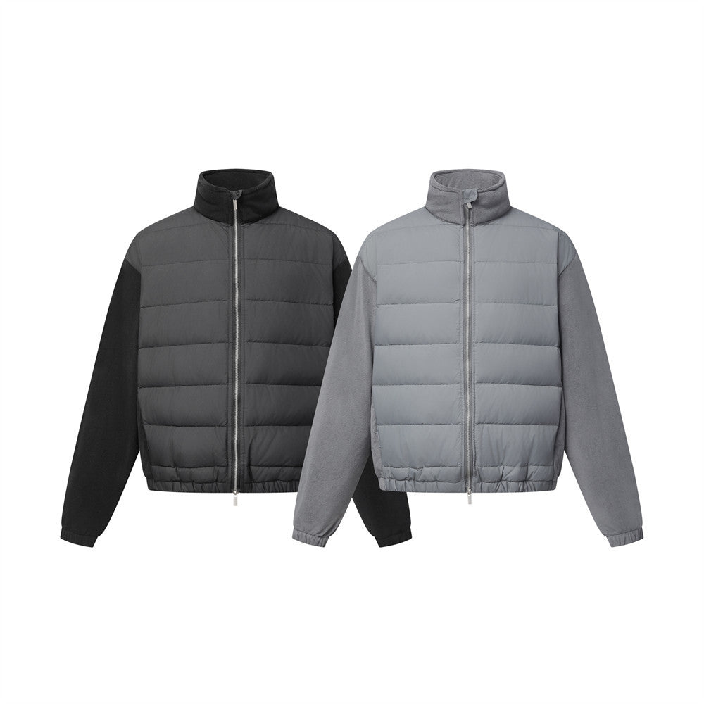 Herren-Hybrid-Pufferjacke mit Fleeceärmeln, Stehkragen und Doppelzipper
