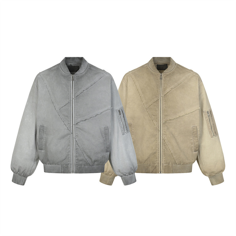 Blouson bomber déconstruit en patchwork – Toile délavée et coutures brutes