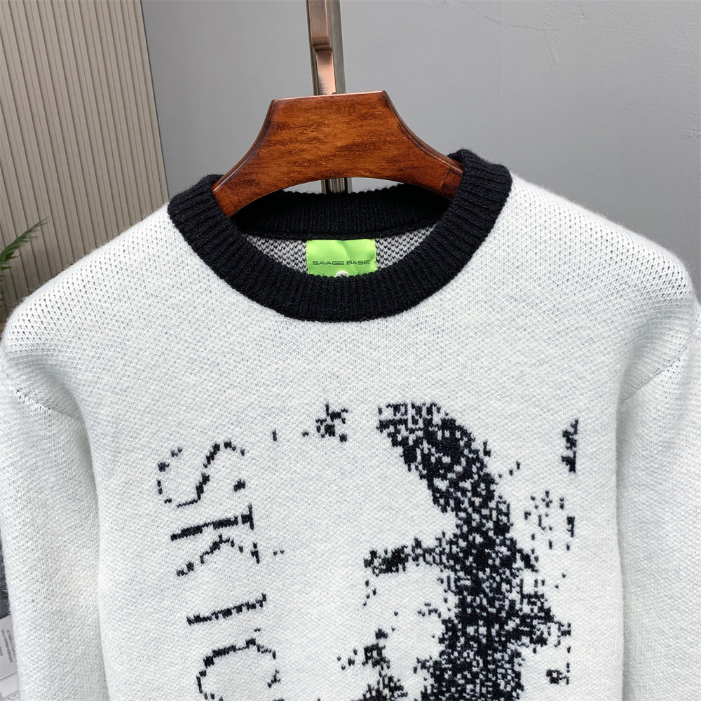 Men's Crew Neck Jacquard Knit Sweater – Pixelated Portrait Graphic, Contrast