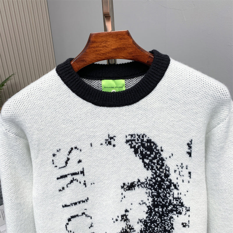 Men's Crew Neck Jacquard Knit Sweater – Pixelated Portrait Graphic, Contrast