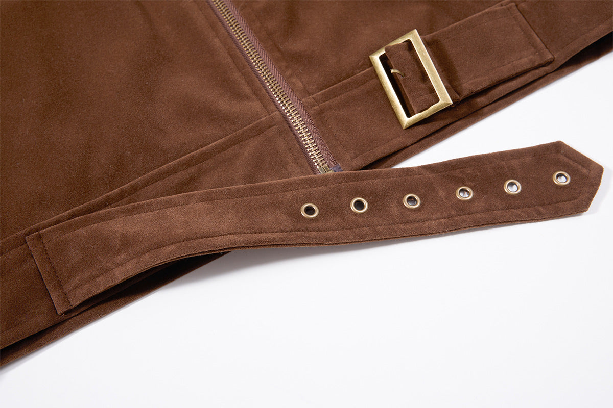 Bomber Jacket Men's Retro Suede Stand-Collar Moto Jacket with Brass Studs & Belt