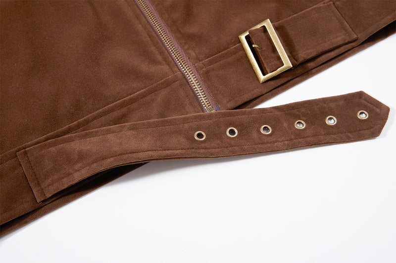 Bomber Jacket Men's Retro Suede Stand-Collar Moto Jacket with Brass Studs & Belt