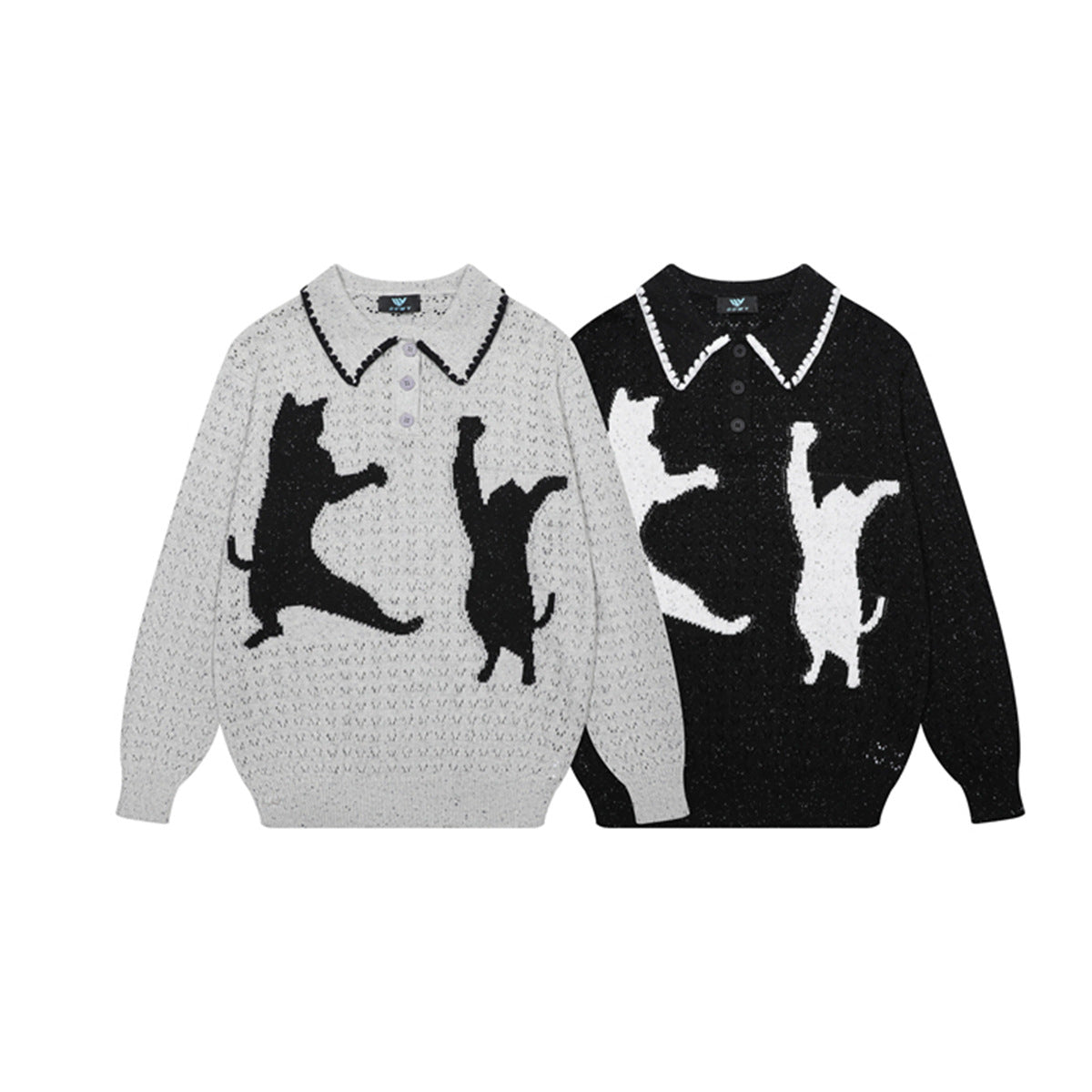 Cat Jacquard Polo Collar Openwork Knit Sweater – Unisex Korean Style