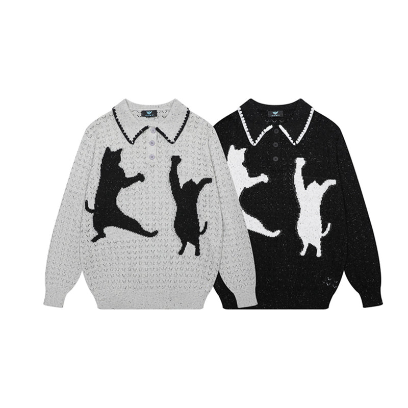 Cat Jacquard Polo Collar Openwork Knit Sweater – Unisex Korean Style