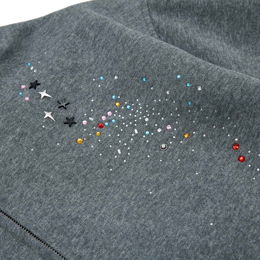 Herren-Zip-Hoodie aus Oversized-Fleece mit Strasssteinen und Galaxie-Sternen