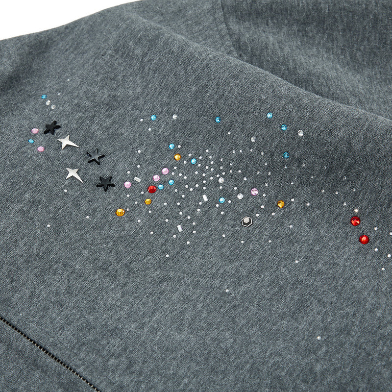 Herren-Zip-Hoodie aus Oversized-Fleece mit Strasssteinen und Galaxie-Sternen