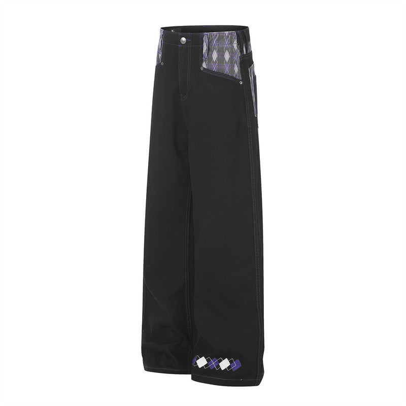Wide-Leg Jeans with Argyle Patchwork Waistband and Hem Detail