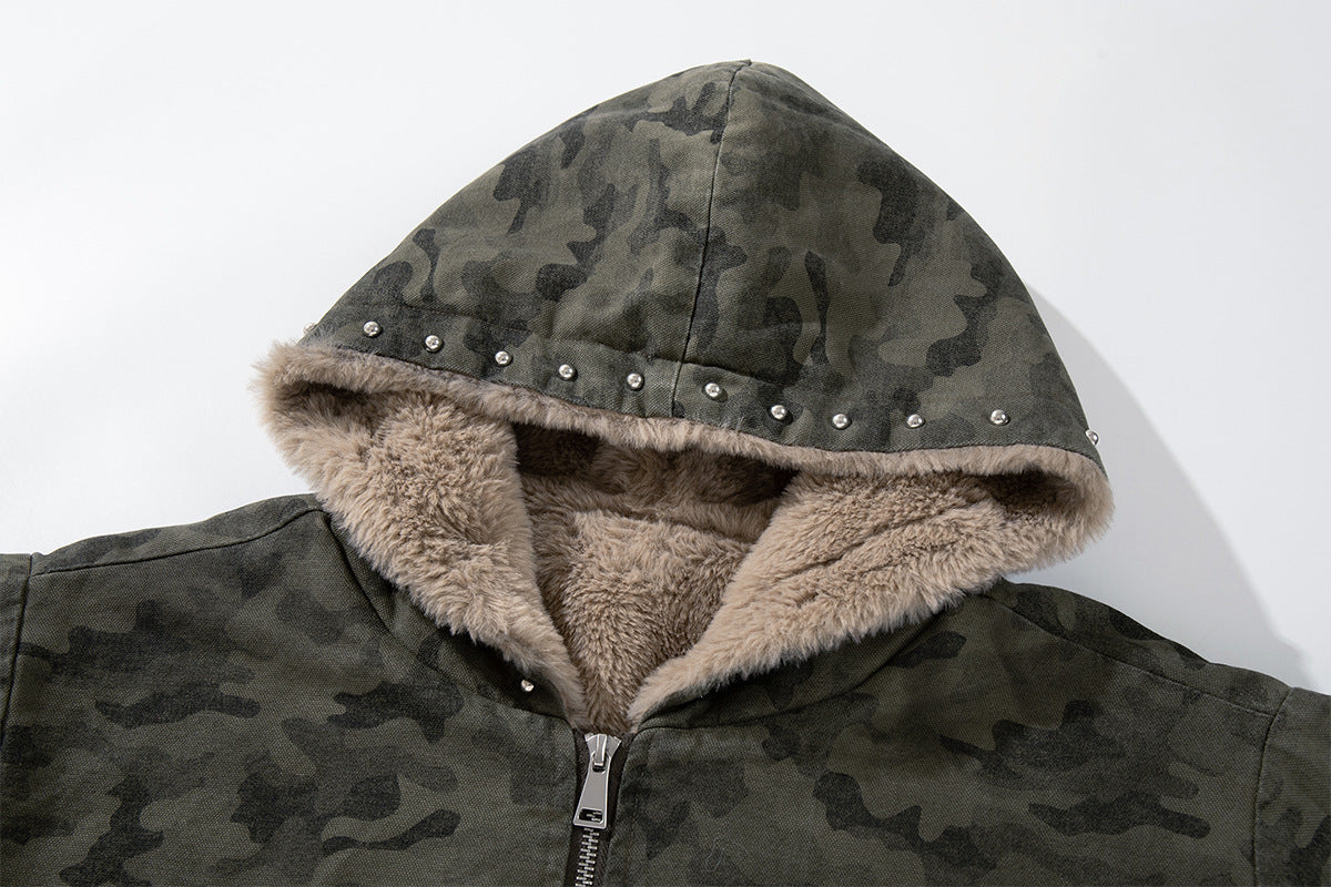 Camo Sherpa-Lined Hooded Bomber Jacket with Studded Hood