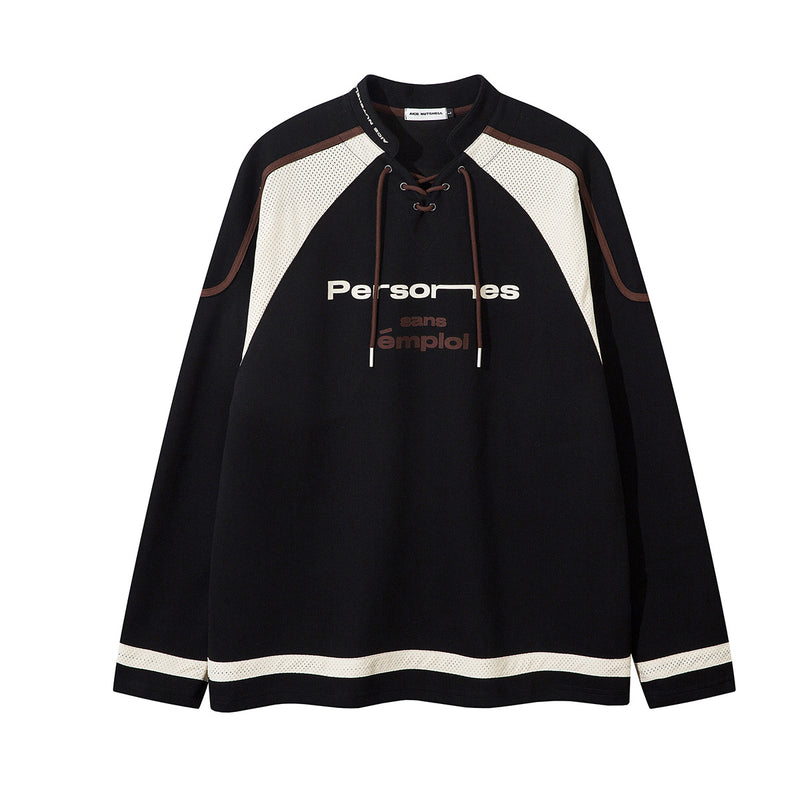 Lace-Up Hockey Jersey Sweatshirt – Colorblock Mesh Panel Pullover