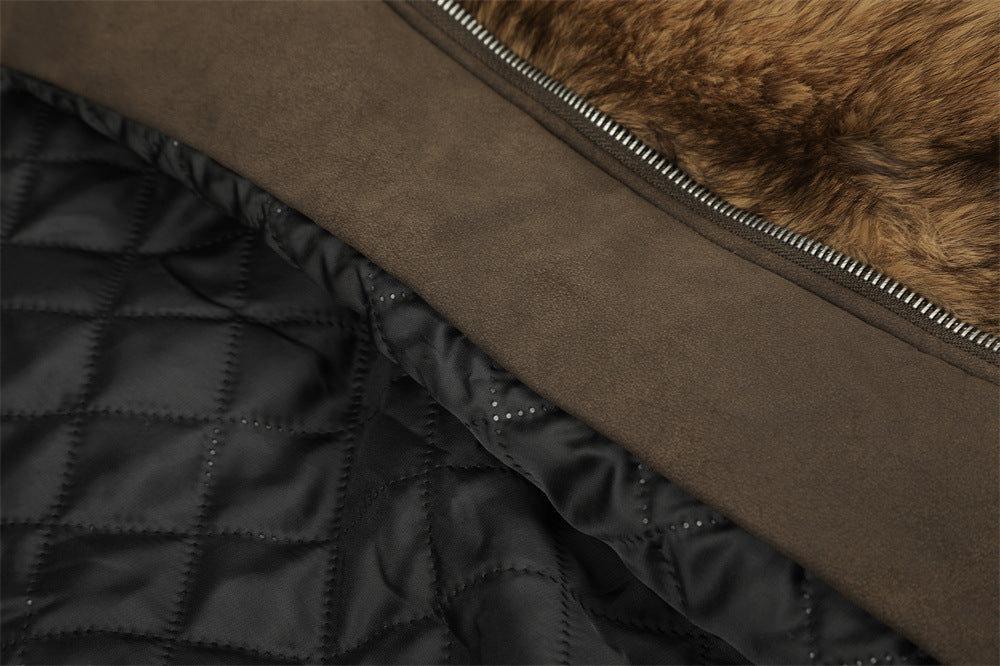 Faux Fur Hooded Bomber Jacket – Brown Short-Cut Zip-Up with PU Leather Trim