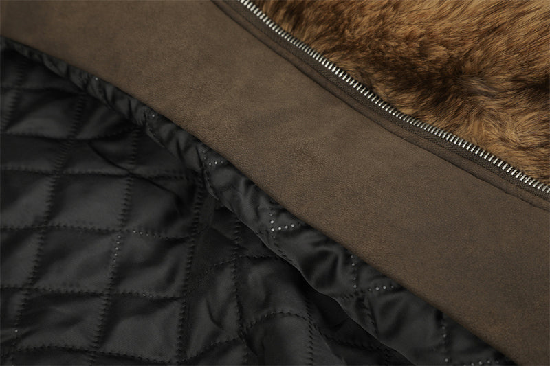 Faux Fur Hooded Bomber Jacket – Brown Short-Cut Zip-Up with PU Leather Trim