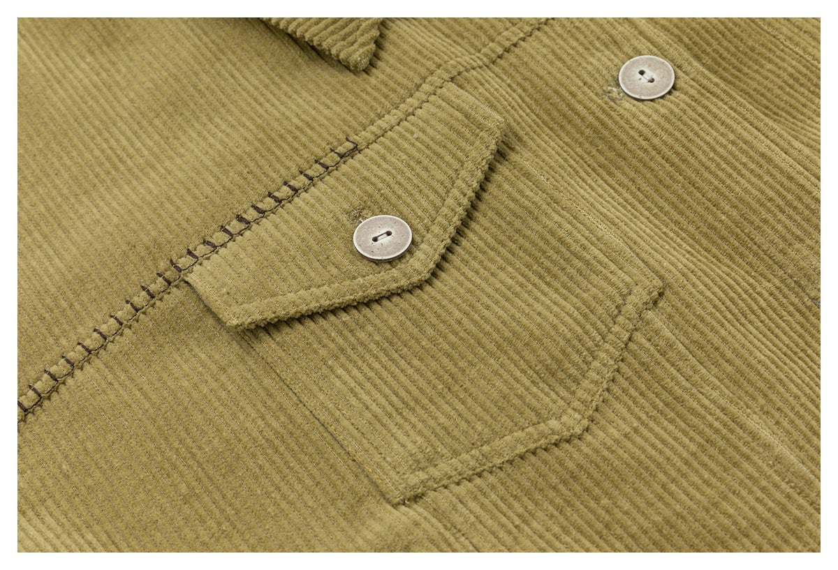 Corduroy Trucker Jacket — Oversized Fit, Floral-Lined, Olive Green