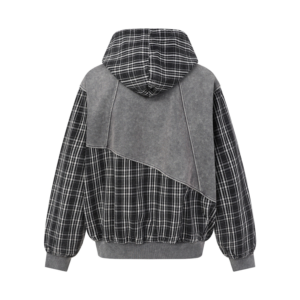 Sudadera con capucha y cremallera de patchwork de cuadros — Chaqueta extragrande de felpa y franela lavadas