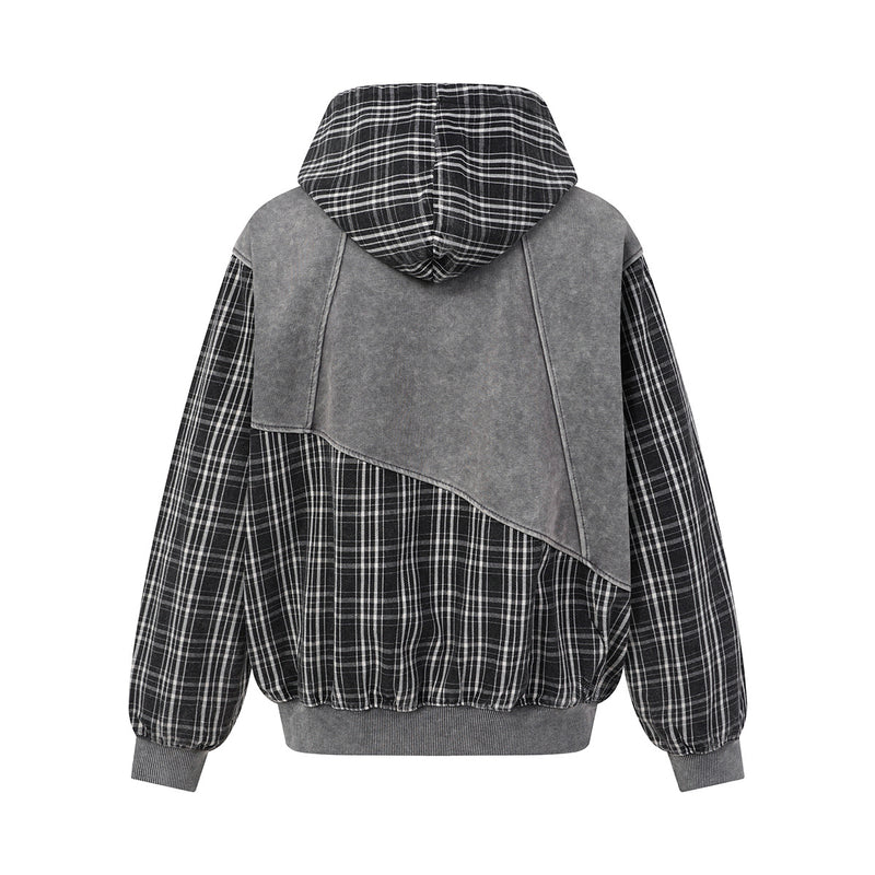 Sudadera con capucha y cremallera de patchwork de cuadros — Chaqueta extragrande de felpa y franela lavadas