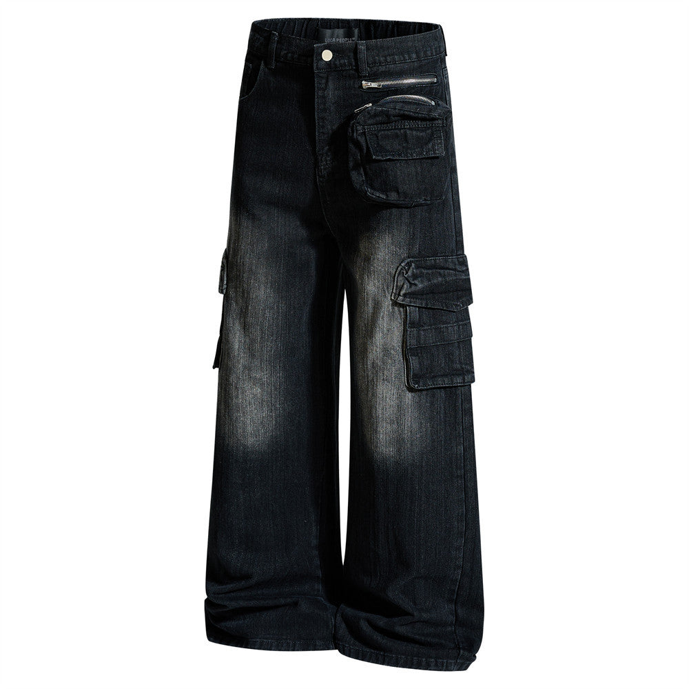 Vaqueros cargo para hombre — Pantalón vaquero de pierna ancha con múltiples bolsillos y lavado desgastado