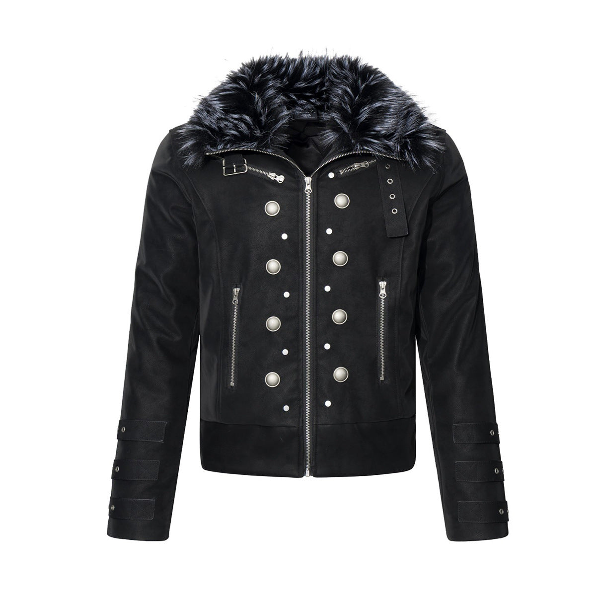 Faux Fur Collar Military Double-Button Moto Jacket – Padded PU Leather Bomber