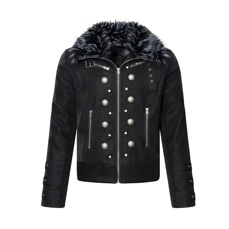Faux Fur Collar Military Double-Button Moto Jacket – Padded PU Leather Bomber