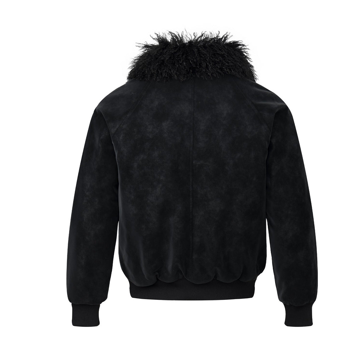 Fur Collar Bomber Jacket – Black Suede-Texture Padded Outerwear