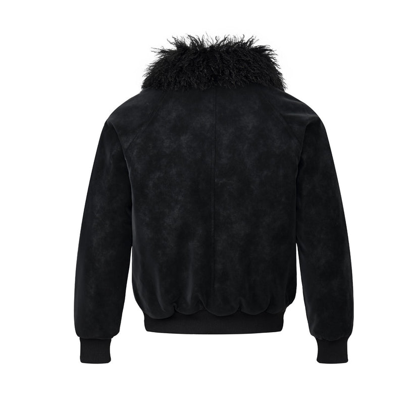 Fur Collar Bomber Jacket – Black Suede-Texture Padded Outerwear