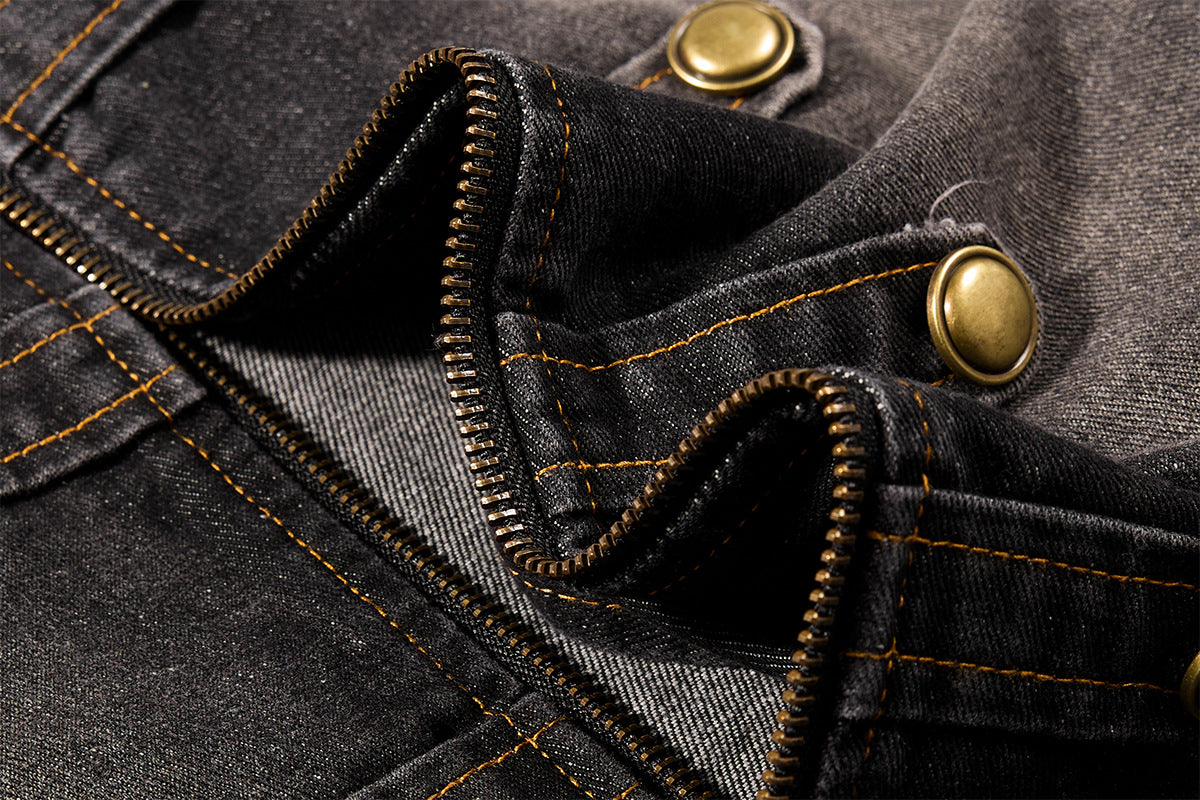 Military-Style Washed Denim Jacket – Stand Collar, Double-Breasted Button Detail