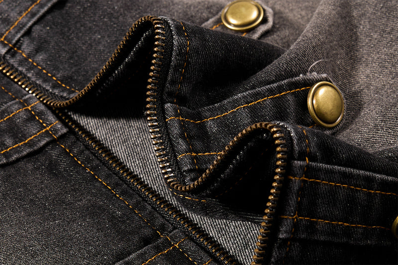 Military-Style Washed Denim Jacket – Stand Collar, Double-Breasted Button Detail