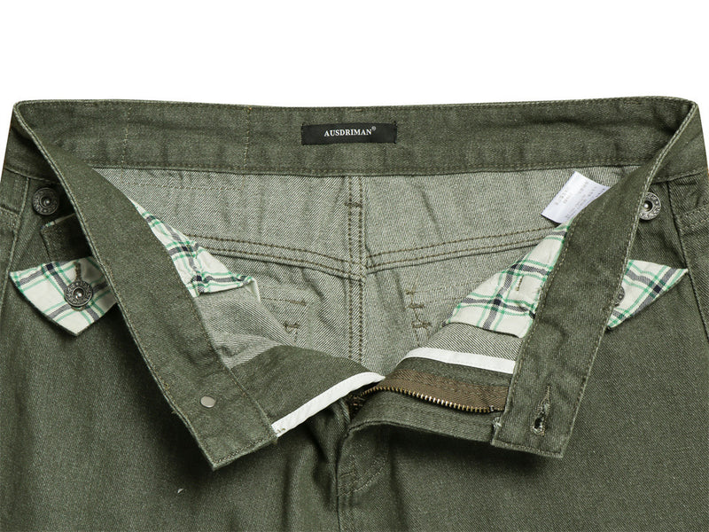 Wide-Leg Relaxed Straight Jeans – Olivgrün mit kariert gefütterten Taschen