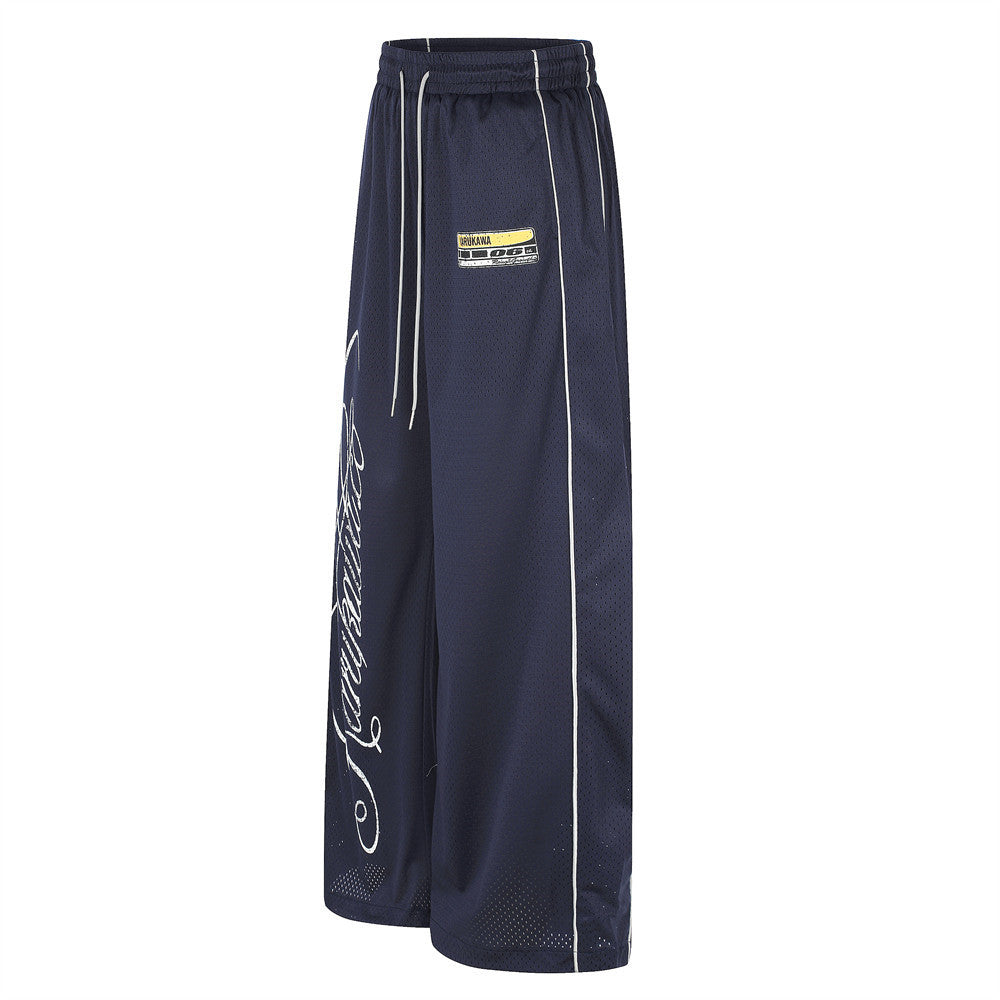 Herren-Meshhose mit weitem Bein und elastischem Bund – Script-Logo-Print, gerader Schnitt
