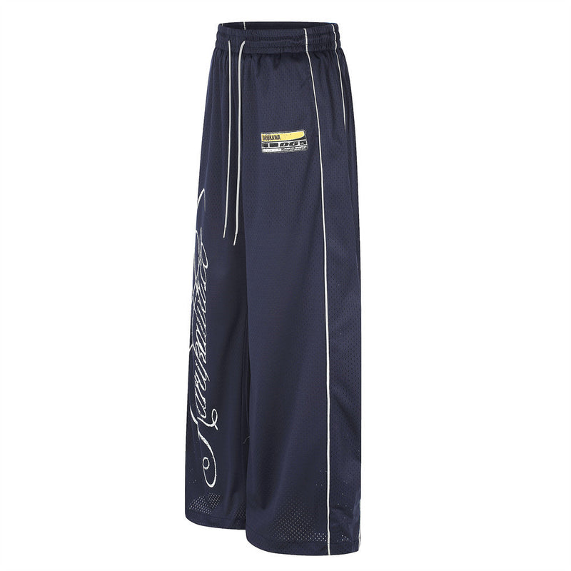 Herren-Meshhose mit weitem Bein und elastischem Bund – Script-Logo-Print, gerader Schnitt