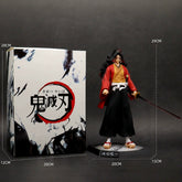 The Shinjuro Rengoku Demon Slayer Figure, a 29CM PVC action figure, features a red robe and black pants with a poised sword beside a box with Japanese text and a red circle, perfect for any Flame Hashira Kimetsu no Yaiba collection.