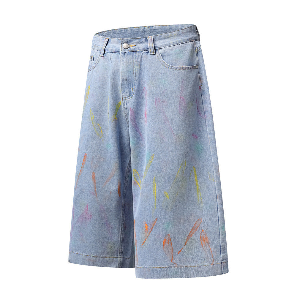 Hand-Painted Graffiti Denim Shorts – Wide-Leg Washed Jean Shorts