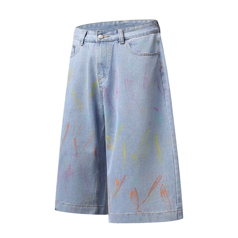 Hand-Painted Graffiti Denim Shorts – Wide-Leg Washed Jean Shorts