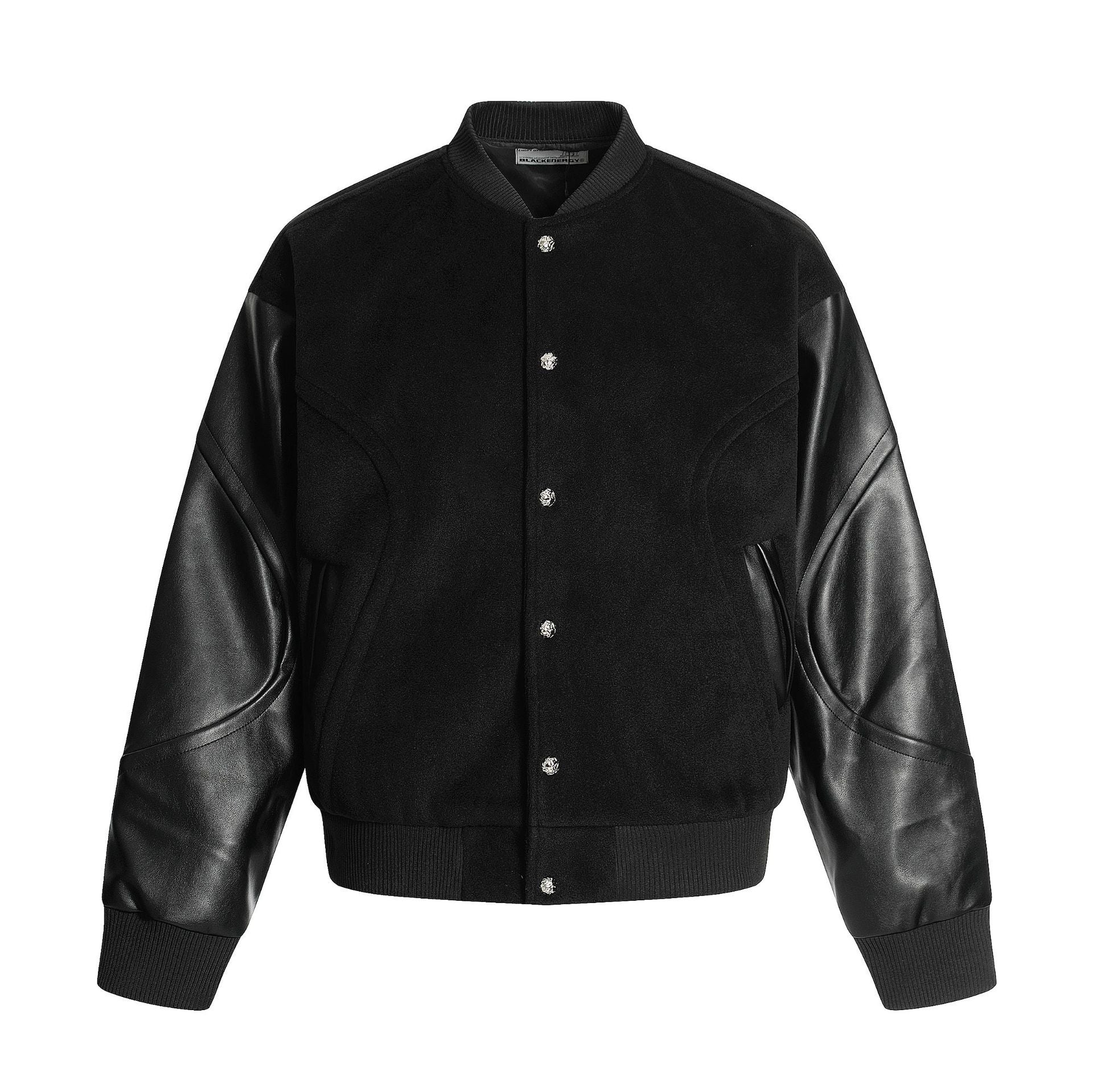 Blouson bomber varsity noir, manches en similicuir et boutons-pression argentés à tête de lion, vues de face et de dos