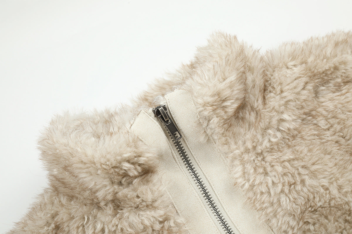 Gilet zippé sans manches en imitation peau lainée à col montant – Polaire teddy
